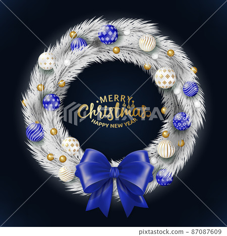 Creativity Christmas wreath made of white twigs of a Christmas tree with balls and a satin blue bow. Blank for a greeting card with the inscription - Merry Christmas and New Year. Vector Creativity Christmas wreath made of white twigs of a Christmas tree with balls and a satin blue bow. Blank for a greeting card with the inscription - Merry Christmas and New Year. Vector 87087609
