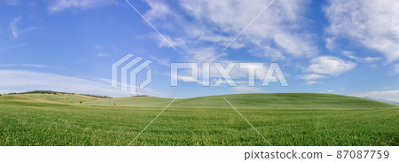 Panoramic view of gently curving Tuscan hills follow the shape of the sea waves. Val d'Orcia, Italy Panoramic view of gently curving Tuscan hills follow the shape of the sea waves. Val d'Orcia, Italy 87087759