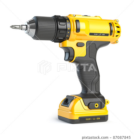 Yellow electric screwdriver drill  isolated on white. 87087845