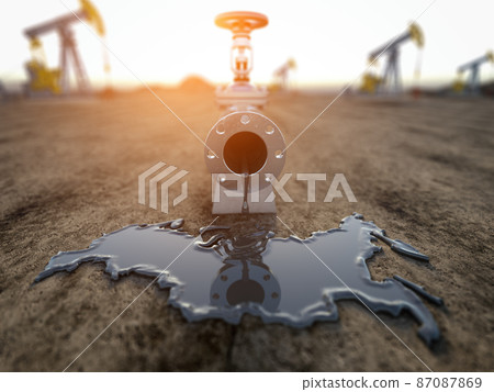 Russian oil industry concept. Oil tube pipeline with spilled oil in form of map of Russia. Russian oil industry concept. Oil tube pipeline with spilled oil in form of map of Russia. 87087869