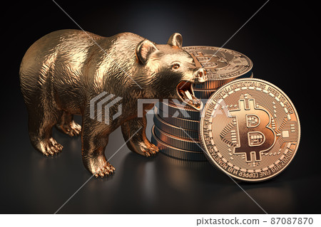 Bitcoin coin with bear on black background. Bearish market of BTC. Bitcoin coin with bear on black background. Bearish market of BTC. 87087870