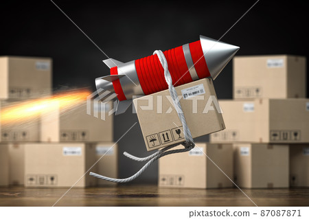 Fast delivery packet or parcel concept. Rocket with cardpoard box. Fast delivery packet or parcel concept. Rocket with cardpoard box. 87087871