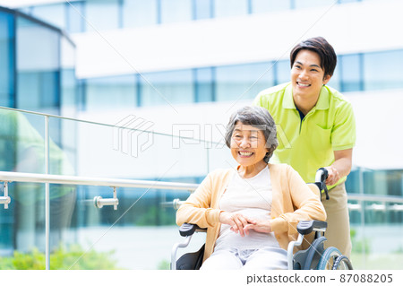 A senior woman in a wheelchair and a young long-term care worker shooting cooperation "LINK FOREST" A senior woman in a wheelchair and a young long-term care worker shooting cooperation "LINK FOREST" 87088205