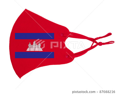 Red cotton reusable cloth protective mask looks as flag of Kingdom of Cambodia on white background. 87088216