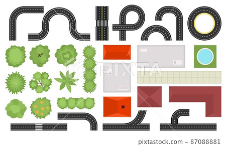 Street map top view, houses, roads and trees. City landscape plan elements from above, building roofs, bushes and traffic lane vector set 87088881