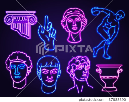 Neon antique greek sculpture and statue outline design. Glowing ancient head, column and vase for creative fashion t shirts print vector set Neon antique greek sculpture and statue outline design. Glowing ancient head, column and vase for creative fashion t shirts print vector set 87088890