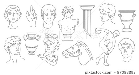 Antique greek sculptures heads, columns, amphoras and gypsum hand. Ancient horse sculpture. Line classic greece statue silhouette vector set 87088892