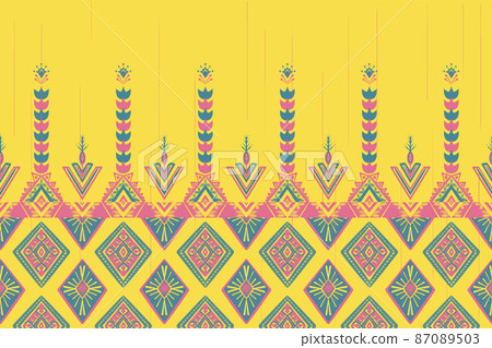 Pink and Blue Flower on Yellow. Geometric ethnic oriental pattern traditional Design for background,carpet,wallpaper,clothing,wrapping,Batik,fabric, vector illustration embroidery style Pink and Blue Flower on Yellow. Geometric ethnic oriental pattern traditional Design for background,carpet,wallpaper,clothing,wrapping,Batik,fabric, vector illustration embroidery style 87089503