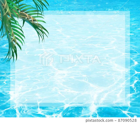 半透明的白色背景框架插圖素材，帶有美麗的波光粼粼的海浪和棕櫚樹 87090528