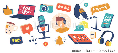 Set of Podcast Icons Laptop, Microphone, Photo Camera, Sound Track, Headphones. Record and Play Button, Music Notes Set of Podcast Icons Laptop, Microphone, Photo Camera, Sound Track, Headphones. Record and Play Button, Music Notes 87091532