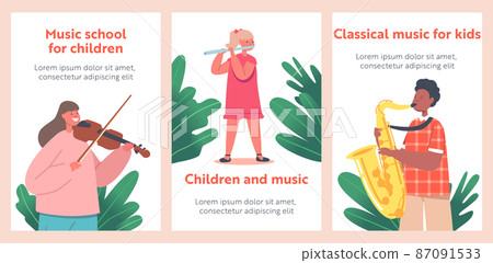 Children Playing Classic Instruments Banners, Flute, Violin and Saxophone. Little Boys and Girls Artists Perform Concert Children Playing Classic Instruments Banners, Flute, Violin and Saxophone. Little Boys and Girls Artists Perform Concert 87091533