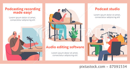 Male Female Radio Dj Characters Record Podcast in Studio Banners. Online Broadcasting, People Sitting at Desk Male Female Radio Dj Characters Record Podcast in Studio Banners. Online Broadcasting, People Sitting at Desk 87091534
