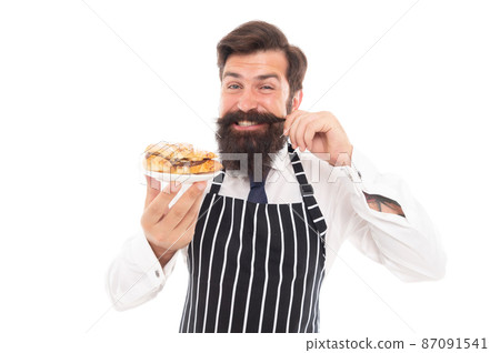 The perfect dessert for you. Happy man serving pastry. Pastry chef twirl moustache. Bakery The perfect dessert for you. Happy man serving pastry. Pastry chef twirl moustache. Bakery 87091541