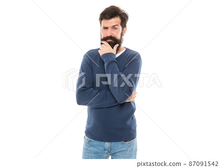 serious bearded man with moustache isolated on white background, beard 87091542
