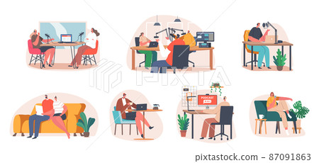 Set of Smiling People Listening and Recording Audio Podcast or Online Show. Joyful Male Female Characters Broadcasting 87091863