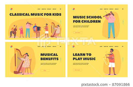 Kids Playing Music Landing Page Template Set. Children Play Classic Instruments Cello, Flute, Violin, Accordion, Sax 87091866