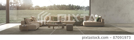 Luxury modern living room interior. Design in beige tones, large windows and nature forest view background. 3d render illustration web banner. Luxury modern living room interior. Design in beige tones, large windows and nature forest view background. 3d render illustration web banner. 87091973