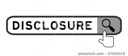 Search banner in word disclosure with hand over magnifier icon on white background Search banner in word disclosure with hand over magnifier icon on white background 87092018