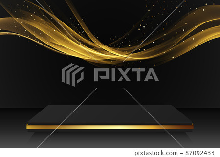 Luxurious black and gold podium, stage with gold glitter and gold abstract transparent wave, dark room. Abstract vector rendering of a 3D shape for displaying promotional products. Luxurious black and gold podium, stage with gold glitter and gold abstract transparent wave, dark room. Abstract vector rendering of a 3D shape for displaying promotional products. 87092433