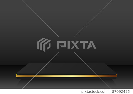 Luxurious black and gold podium, gold glitter stage and dark empty room. Abstract vector rendering of a 3d shape to display promotional products. Studio room with a minimal stage. Luxurious black and gold podium, gold glitter stage and dark empty room. Abstract vector rendering of a 3d shape to display promotional products. Studio room with a minimal stage. 87092435