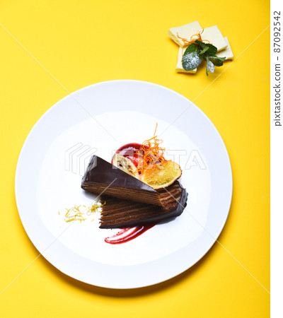 Confectionery and sweets concept. Prague chocolate cake on plate 87092542