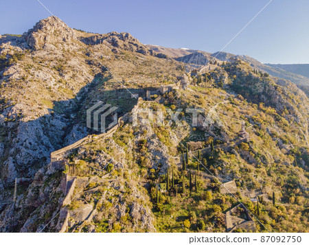 Kotor Old Town Ladder of Kotor Fortress Hiking Trail. Aerial drone view 87092750