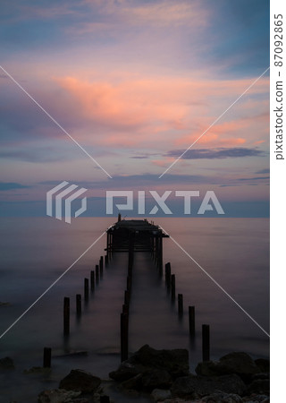 Beautiful dramatic sunset over the old bridge by the sea in Balchik, Bulgaria, Eastern Europe - dawn, dusk Beautiful dramatic sunset over the old bridge by the sea in Balchik, Bulgaria, Eastern Europe - dawn, dusk 87092865