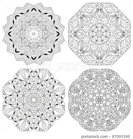 Hand drawn zentangle set of 4 mandalas for coloring page. 87093380