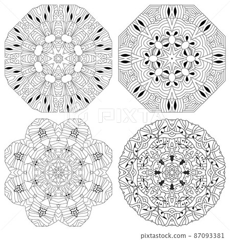 Hand drawn zentangle set of 4 mandalas for coloring page. Hand drawn zentangle set of 4 mandalas for coloring page. 87093381