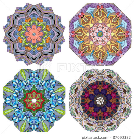 Hand drawn zentangle set of 4 color mandalas for decoration 87093382