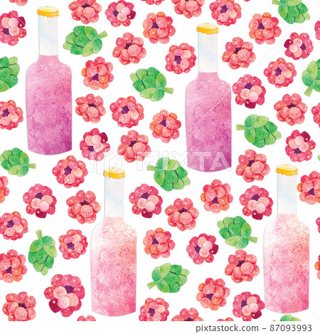 Hand-drawn watercolor papercut raspberry fruit craft beer seamless pattern. Berries, bottle and hop cones on cute kawaii kidcore style background. Good for cards, wallpaper or textile. 87093993