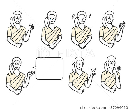 穿著莎麗服的年輕印度女性面部表情變化的白色背景上的線條畫簡單圖解 87094010