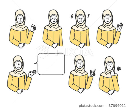 一個簡單的白色背景上的線條畫圖，一個戴著頭巾的阿拉伯年輕女子的面部表情變化 87094011
