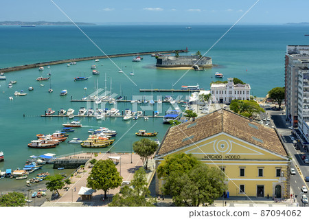 Mercado Modelo and old historic fortress at Todos os Santos bay in Salvador 87094062