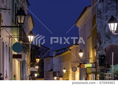 Streets of Pelourinho with its historic colonial-style houses lit at night Streets of Pelourinho with its historic colonial-style houses lit at night 87094065