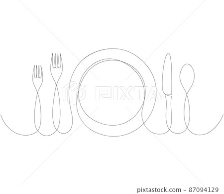 Continuous line drawing of plate, knife, and fork. Minimalism hand drawn one lineart minimalist dinner theme vector illustration on white background. 87094129