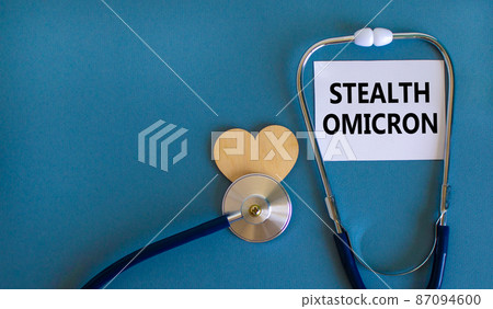 New Covid-19 stealth omicron variant strain symbol. White card, words Stealth Omicron, stethoscope, blue background. Wooden heart. Medical covid-19 stealth omicron variant strain concept, copy space. 87094600