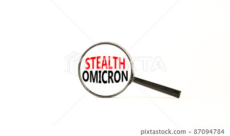 Covid-19 corona stealth omicron variant symbol. Concept words Stealth omicron. Magnifying glass. Beautiful white table, white background. Medical covid-19 corona stealth omicron concept. Copy space. Covid-19 corona stealth omicron variant symbol. Concept words Stealth omicron. Magnifying glass. Beautiful white table, white background. Medical covid-19 corona stealth omicron concept. Copy space. 87094784