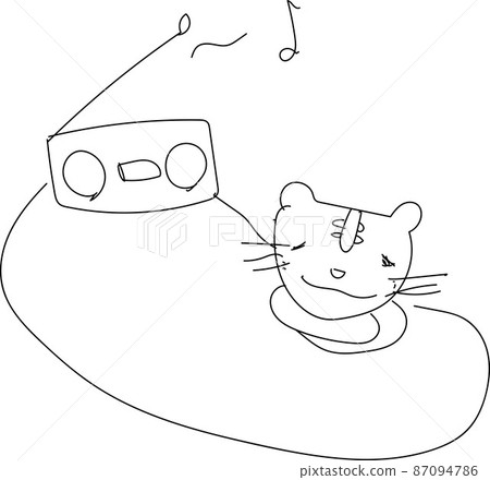 Tiger listening to the radio on an indoor desk 87094786