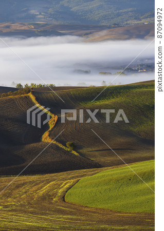 Typical Tuscan morning autumn landscape, Val D'Orcia, Tuscany, Italy 87094972