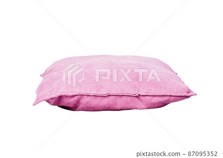 photo of a white pillow with a beautiful three-leaf design and a beautiful pink background 87095352