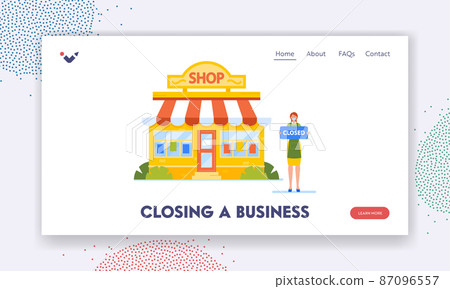 Closing a Business Landing Page Template. Bankruptcy during Coronavirus Pandemic Crisis, Shop Owner with Closed Sign 87096557