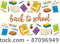 Bright line art illustration with studying at school symbols. Background with back to school congratulations 87096949