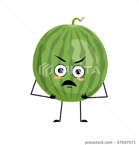 Green striped round watermelon character with angry emotions, grumpy face, furious eyes, arms and legs. Person with irritated expression, fruit emoticon. Vector flat illustration 87097071