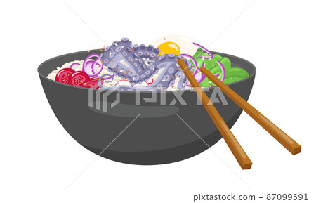 Octopus poke bowl illustration Hawaiian cuisine. Vector stock illustration isolated on white background for menu fast food restaurant with healthy, bio, organic meals. EPS10 87099391