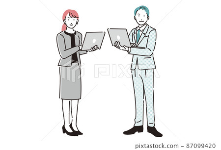 Business person men and women who have a personal computer while standing Business person men and women who have a personal computer while standing 87099420