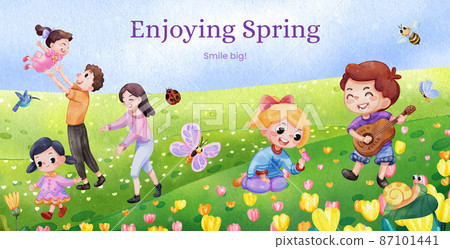 Billboard template with children enjoy in spring,watercolor style Billboard template with children enjoy in spring,watercolor style 87101441
