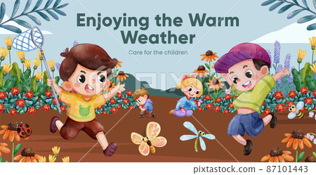 Billboard template with children enjoy in spring,watercolor style Billboard template with children enjoy in spring,watercolor style 87101443