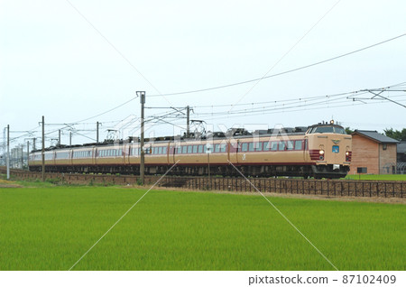 Hokuriku Main Line Mikawa-Kaga Kasama JR West 485 Series A08 formation (Kyoto) Raicho Hokuriku Main Line Mikawa-Kaga Kasama JR West 485 Series A08 formation (Kyoto) Raicho 87102409