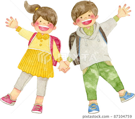 Illustration of smiling children carrying school bags on their backs and holding hands 87104759